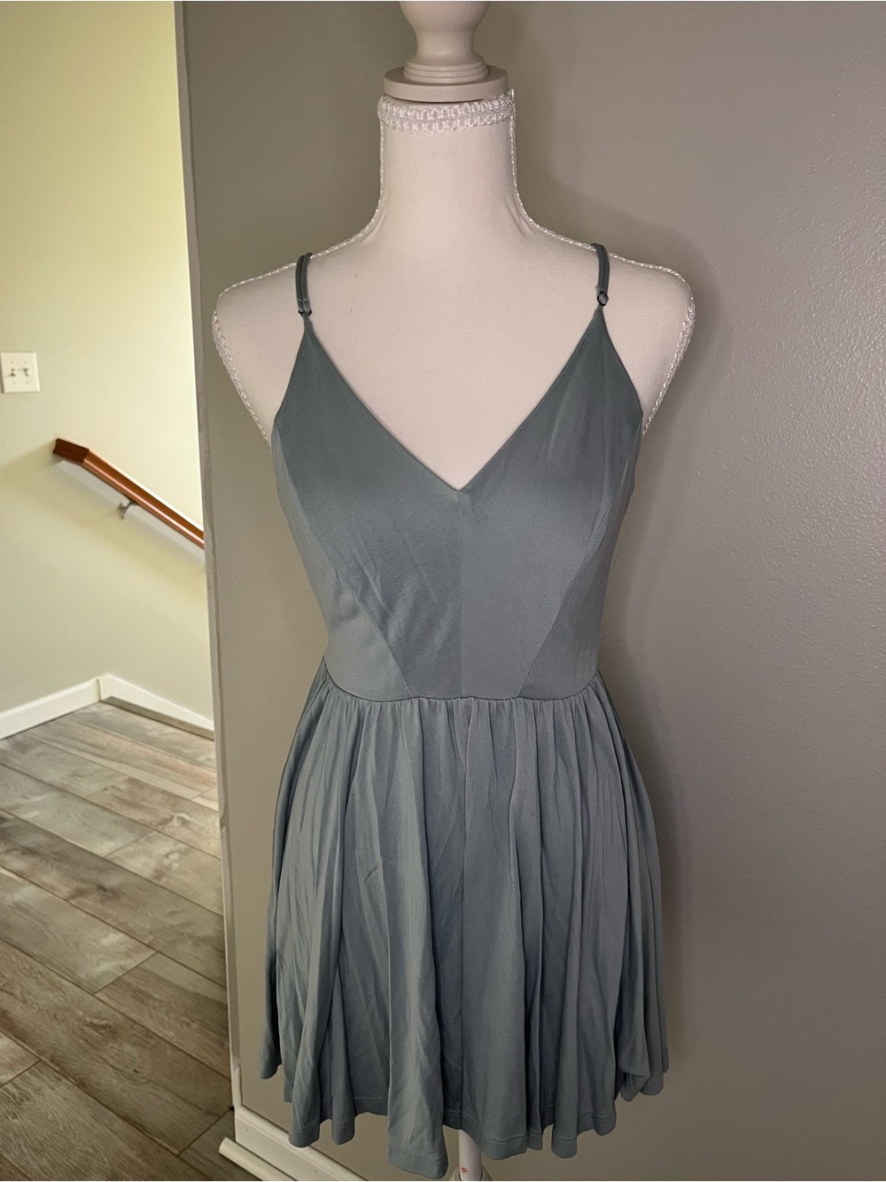 Spaghetti Strap V-Neck Romper in Dusty Blue